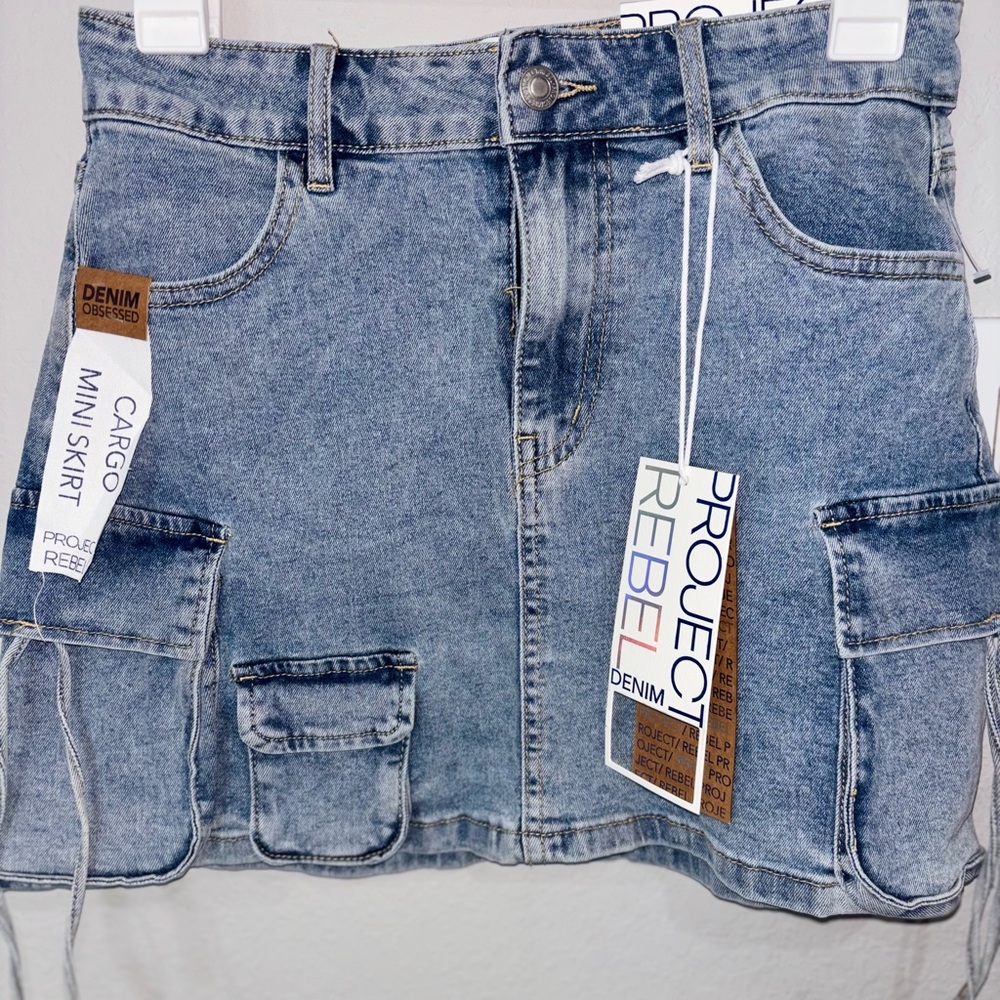 PROJECT REBEL Denim Cargo Mini Skirt - Light Wash Blue
